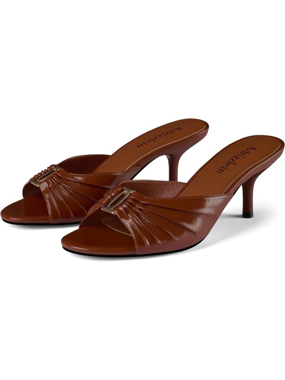 Women's Brown Ruched Kitten Heels Metal Round Toe Mules Peep Open Toe Low Heel